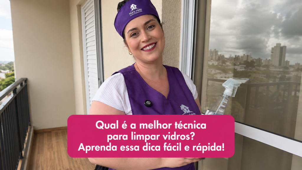 Diarista da Mary Help sorrindo, usando touca e colete roxos da marca, segurando um borrifador com produto de limpeza multiuso em uma varanda com janela de vidro ao fundo.