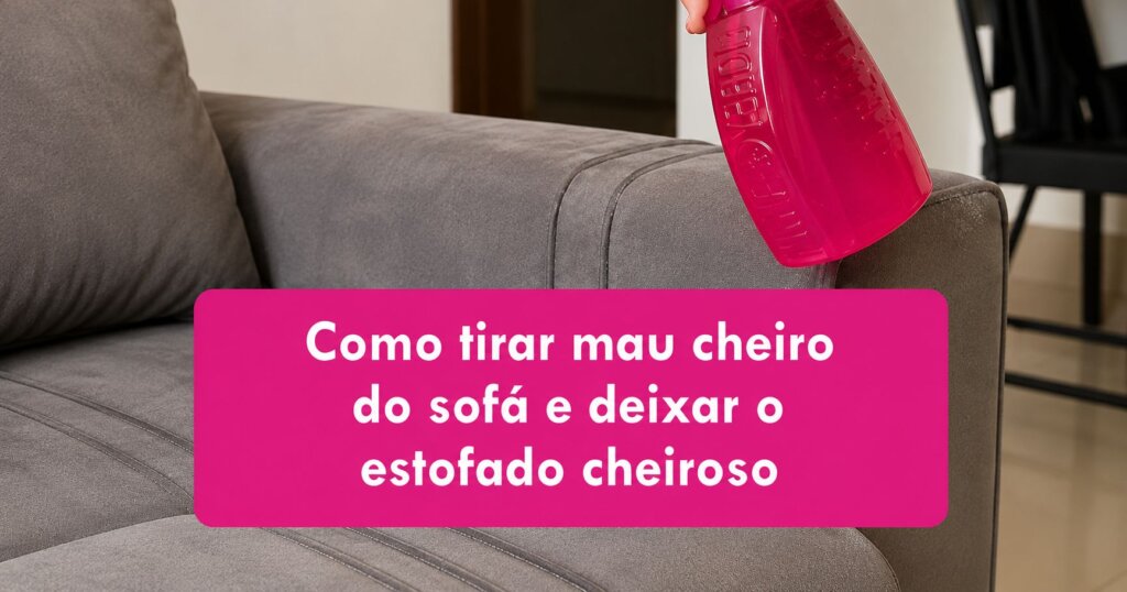 Mão borrifando uma solução de limpeza em um sofá cinza, com o texto “Como tirar mau cheiro do sofá e deixar o estofado cheiroso” em destaque.